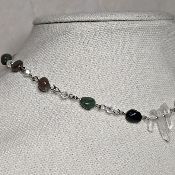 India Agate And Clear Quartz Crystal Beaded Choker Necklace - Picture 2 of 3